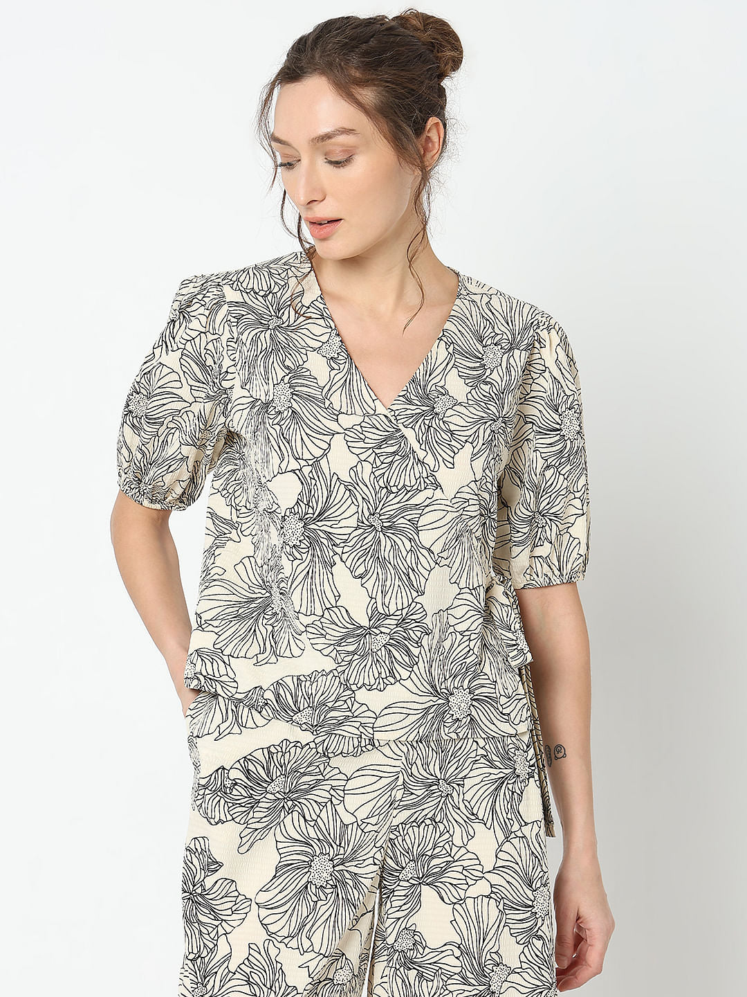 Beige Floral Co-Ord Set Top