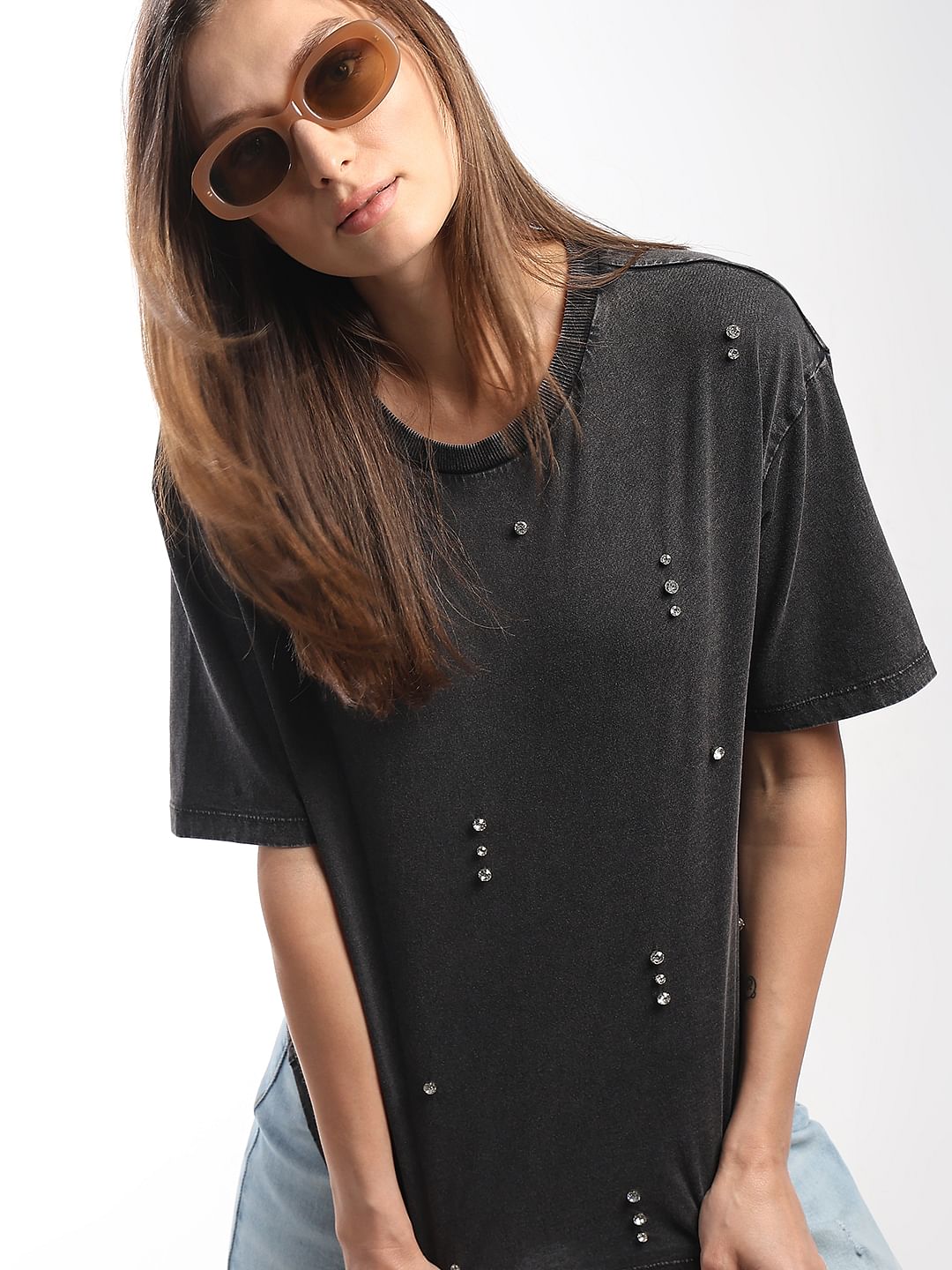 Black Embellished Cotton T-Shirt