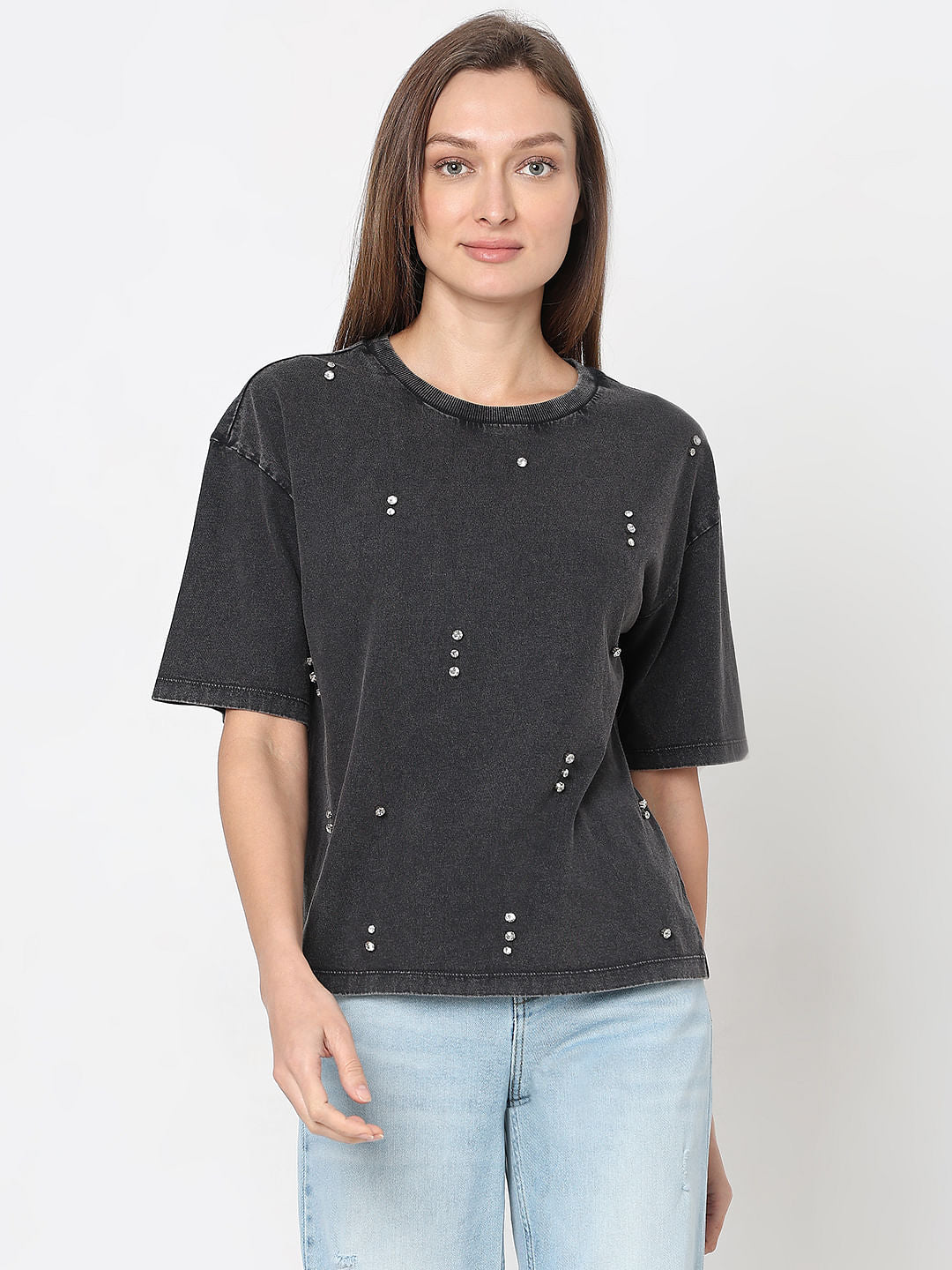 Black Embellished Cotton T-Shirt