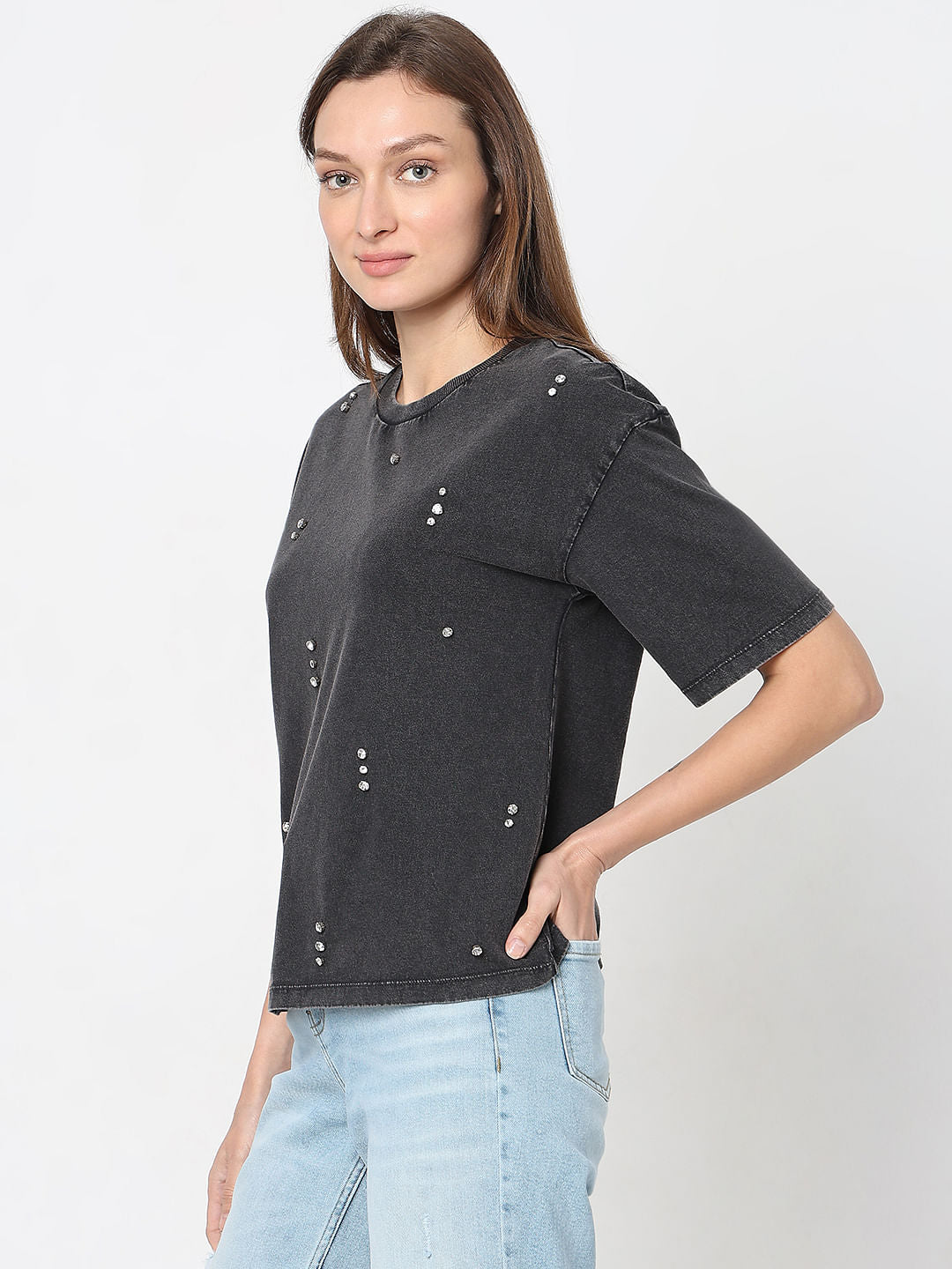 Black Embellished Cotton T-Shirt