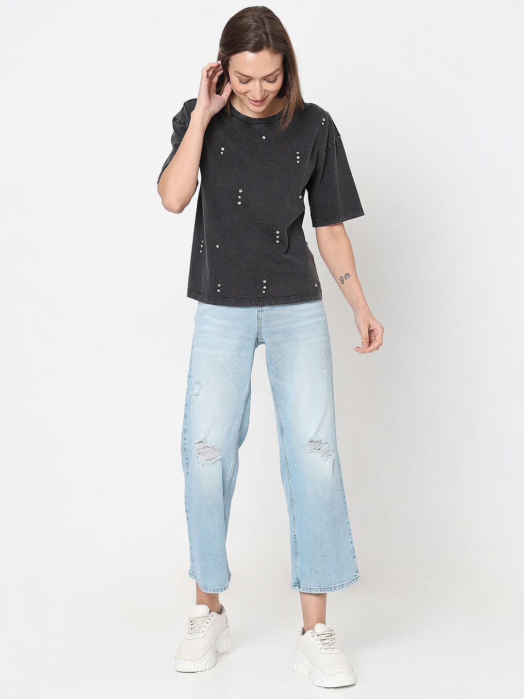 Black Embellished Cotton T-Shirt
