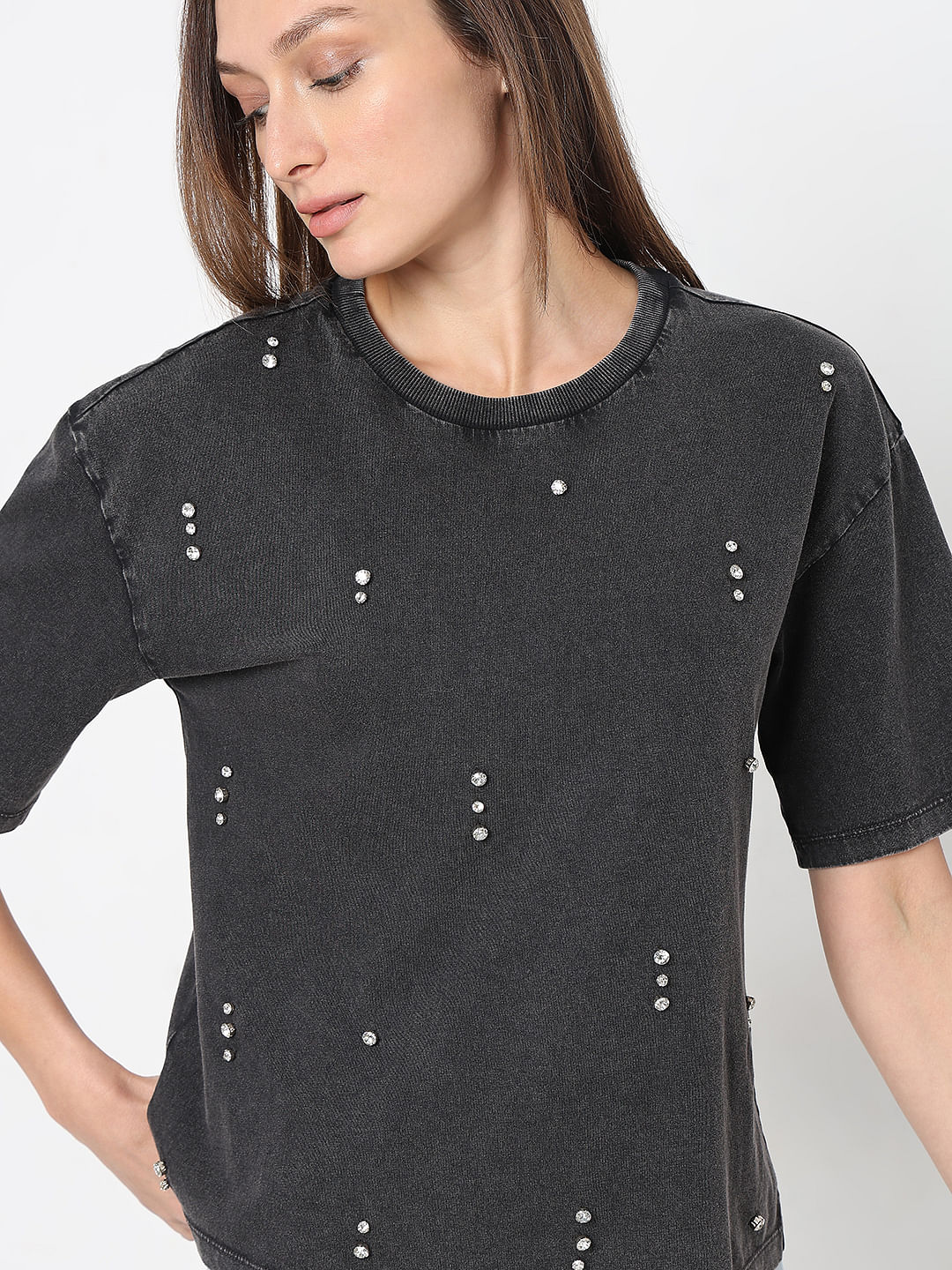 Black Embellished Cotton T-Shirt