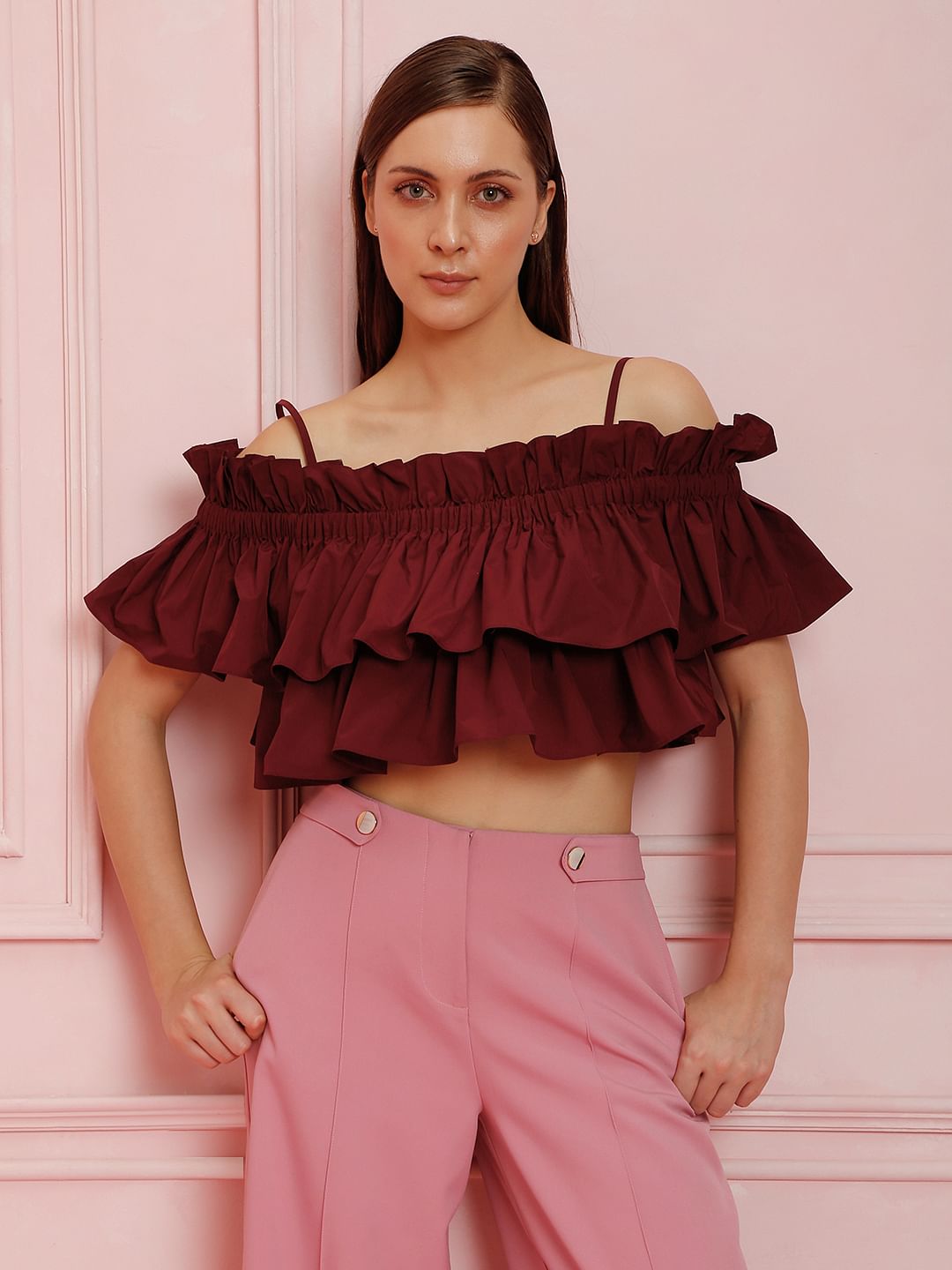 Marquee Maroon Ruffle Off Shoulder Crop Top