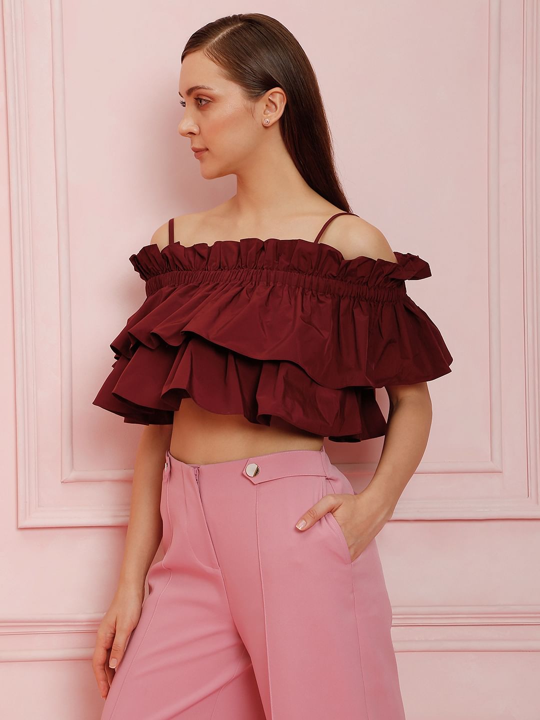 Marquee Maroon Ruffle Off Shoulder Crop Top