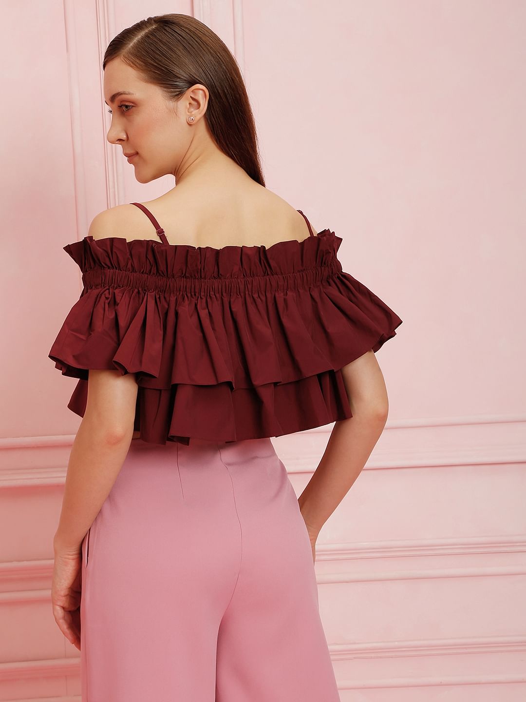 Marquee Maroon Ruffle Off Shoulder Crop Top