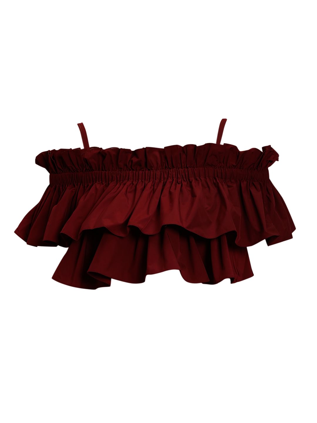 Marquee Maroon Ruffle Off Shoulder Crop Top