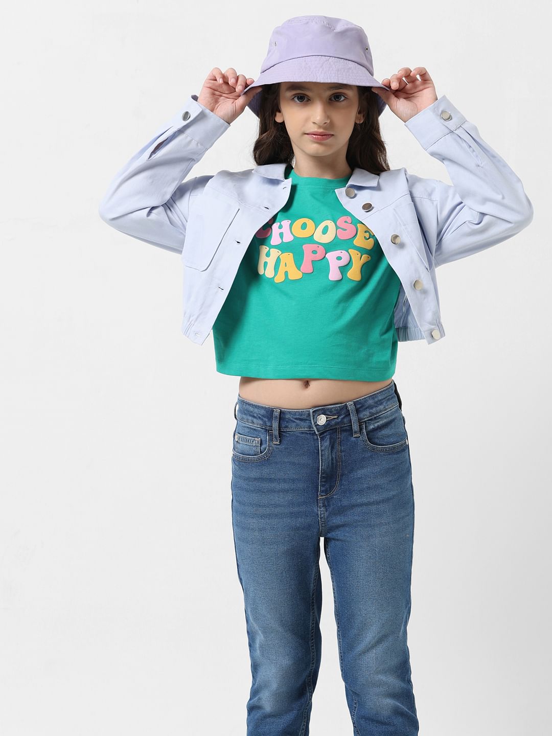 Girl Light Blue Cropped Shacket
