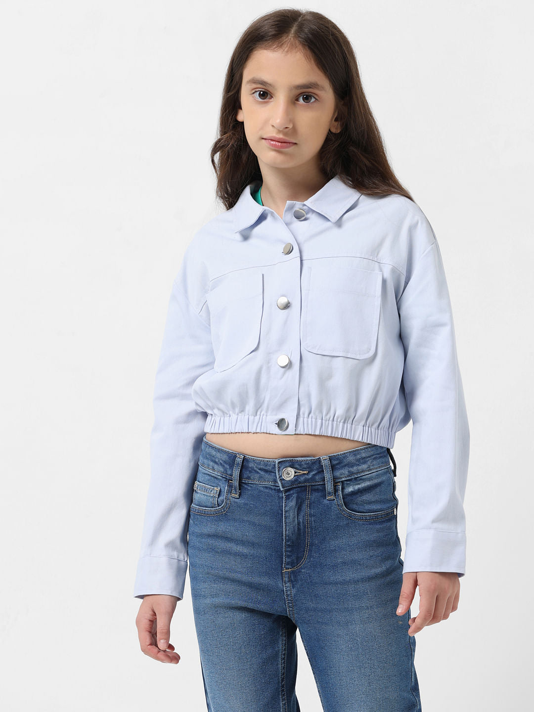 Girl Light Blue Cropped Shacket