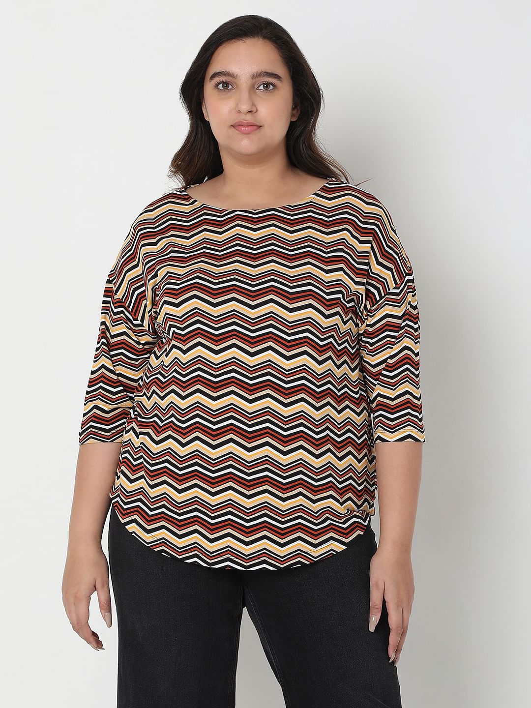 Curve Brown Zig-Zag Print Top