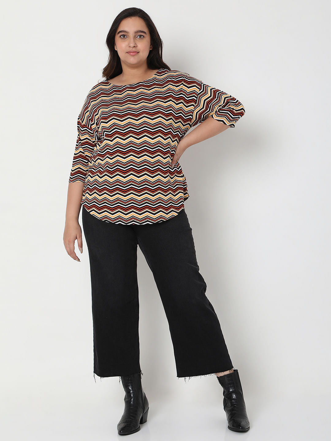 Curve Brown Zig-Zag Print Top