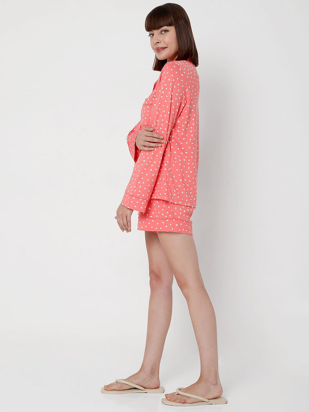 Pink Printed Shirt & Shorts Night Suit Set