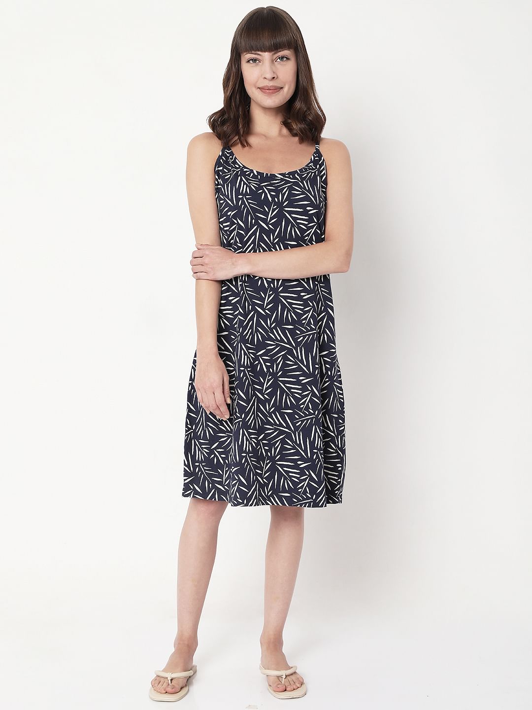 Blue Printed Strappy Night Dress