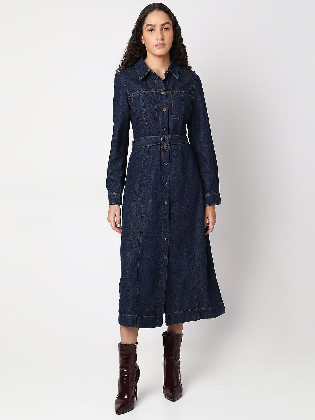 Dark Blue Denim Midi Dress