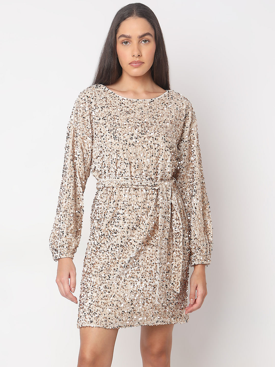 Beige Sequined Boatneck Dress