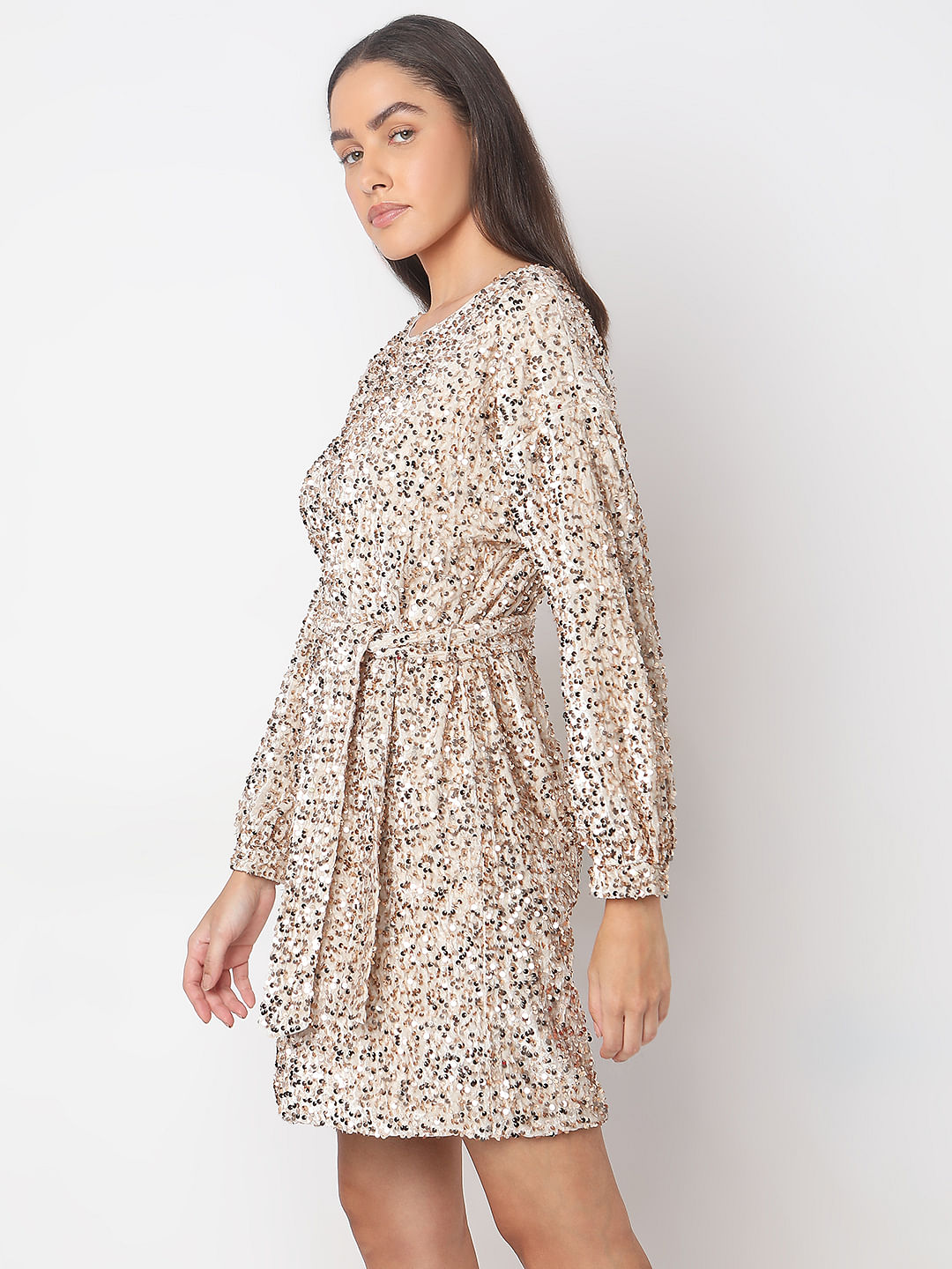 Beige Sequined Boatneck Dress