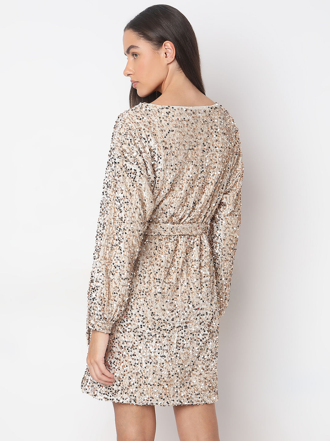 Beige Sequined Boatneck Dress