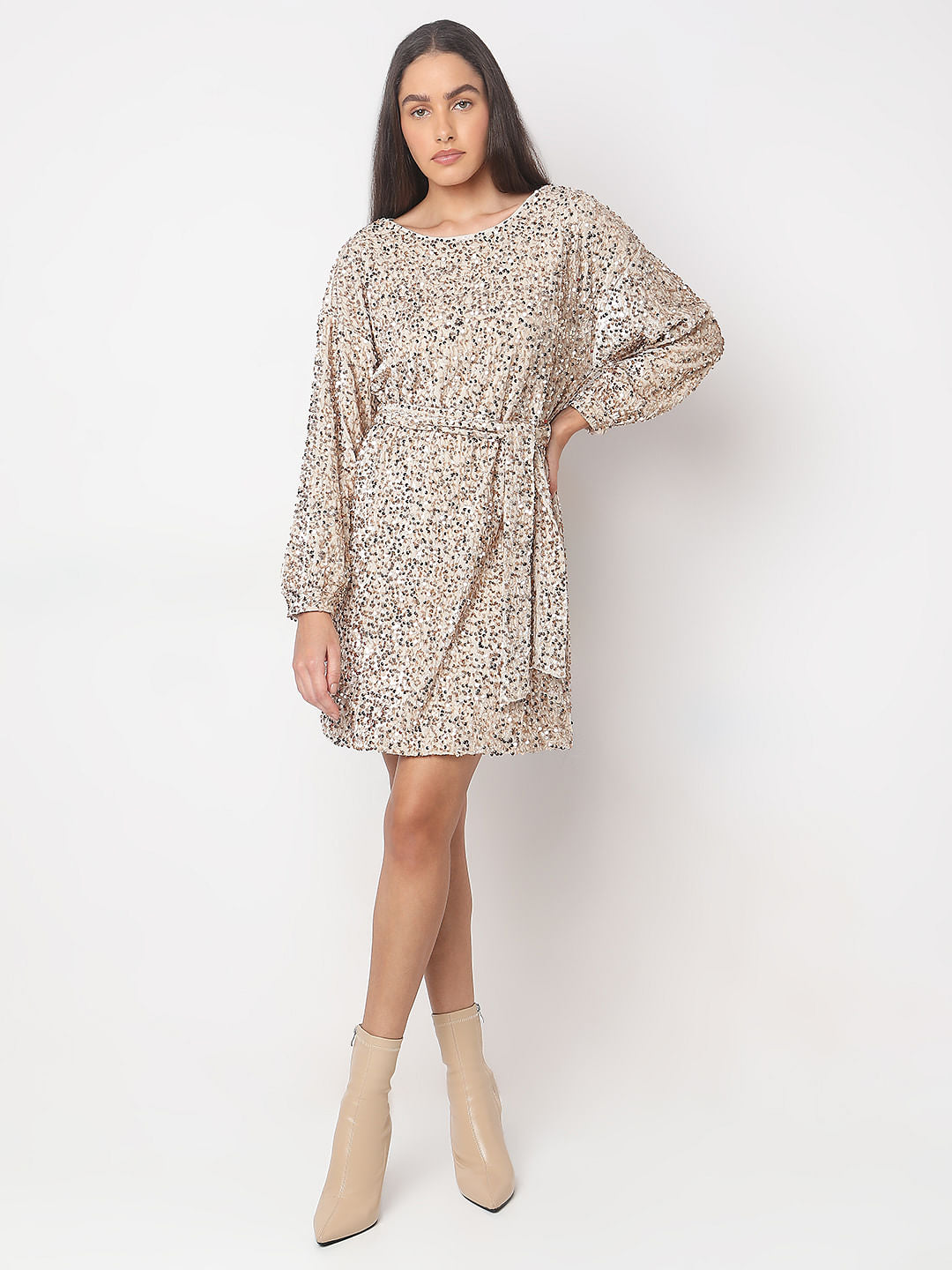 Beige Sequined Boatneck Dress