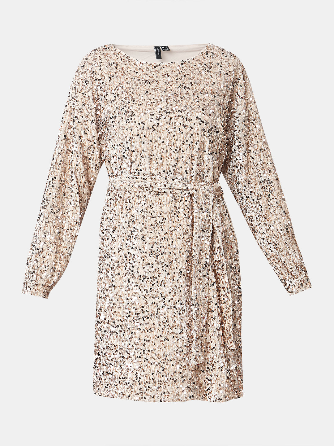 Beige Sequined Boatneck Dress