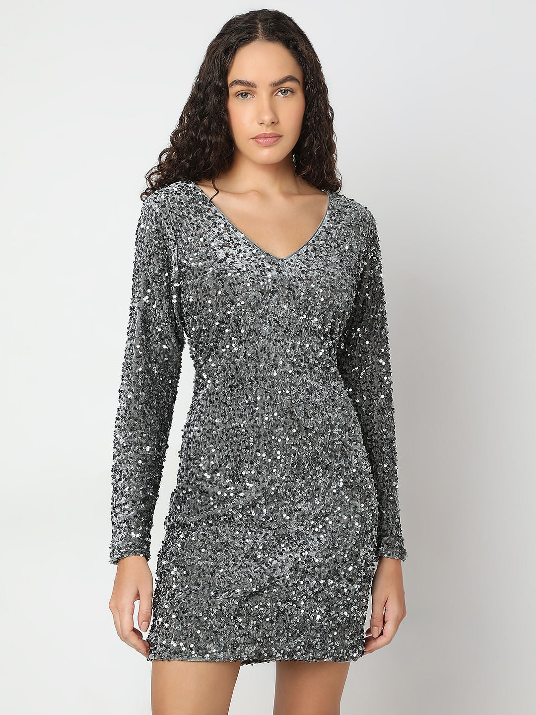 Silver Sequined V-Neck Short Dress