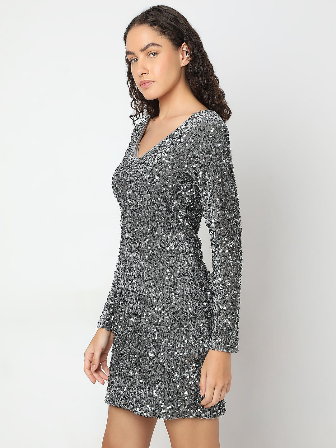 Silver Sequined V-Neck Short Dress