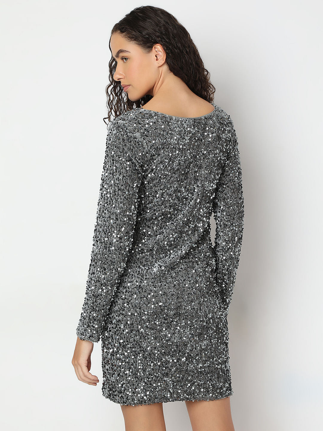 Silver Sequined V-Neck Short Dress