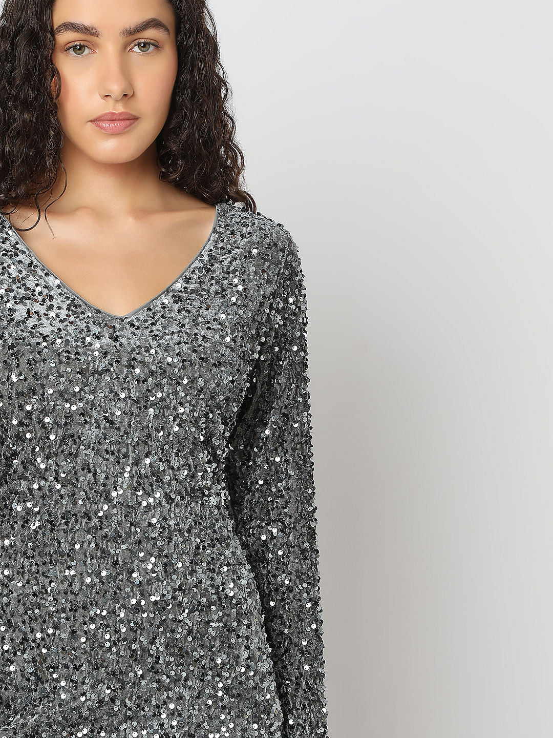 Silver Sequined V-Neck Short Dress