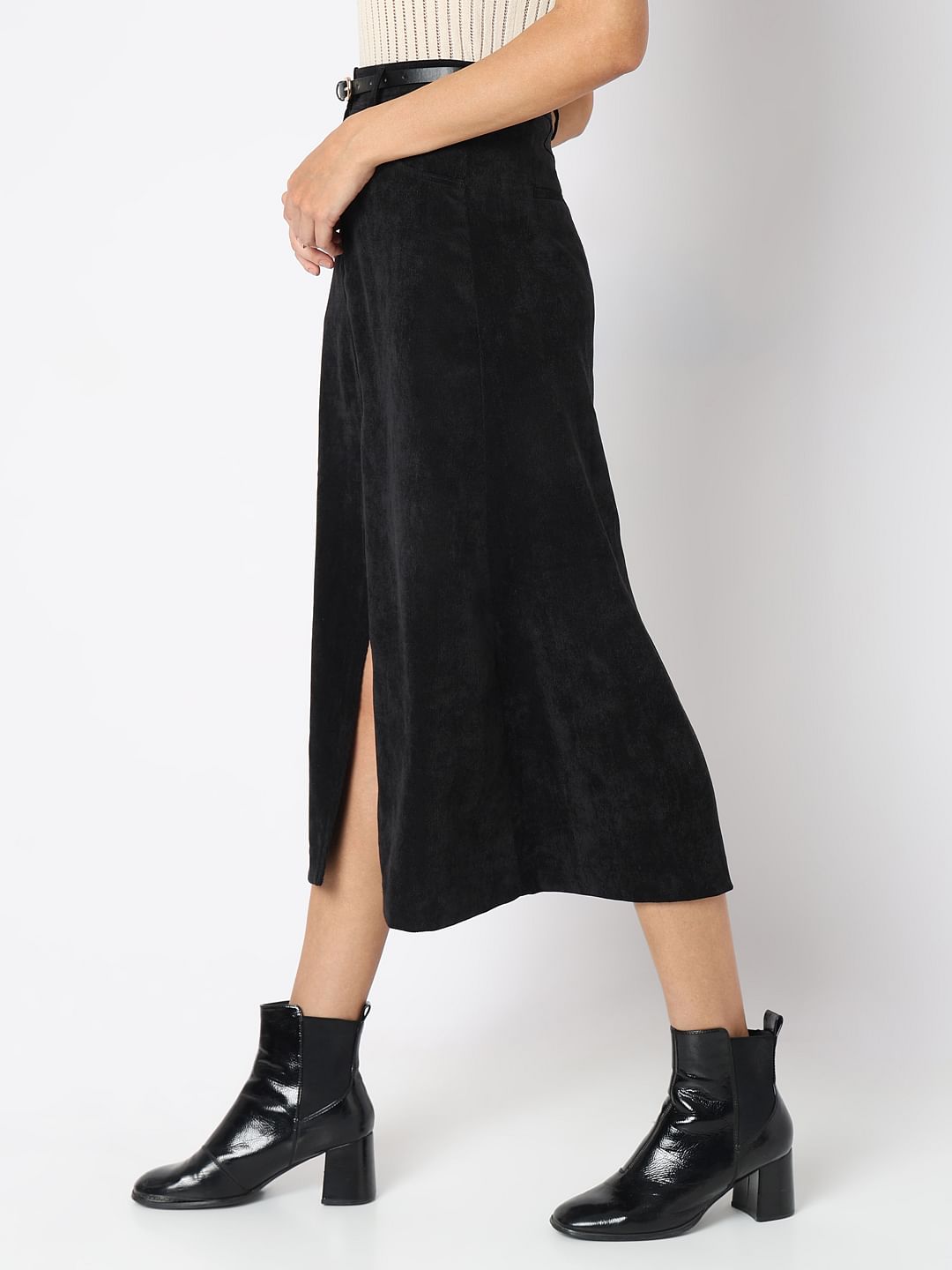 Black Mid Rise Slit Skirt