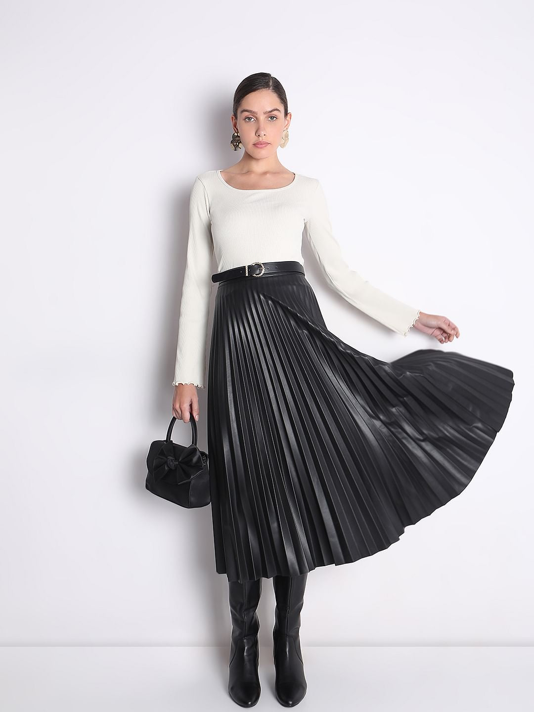 Black Pleated Midi Skirt