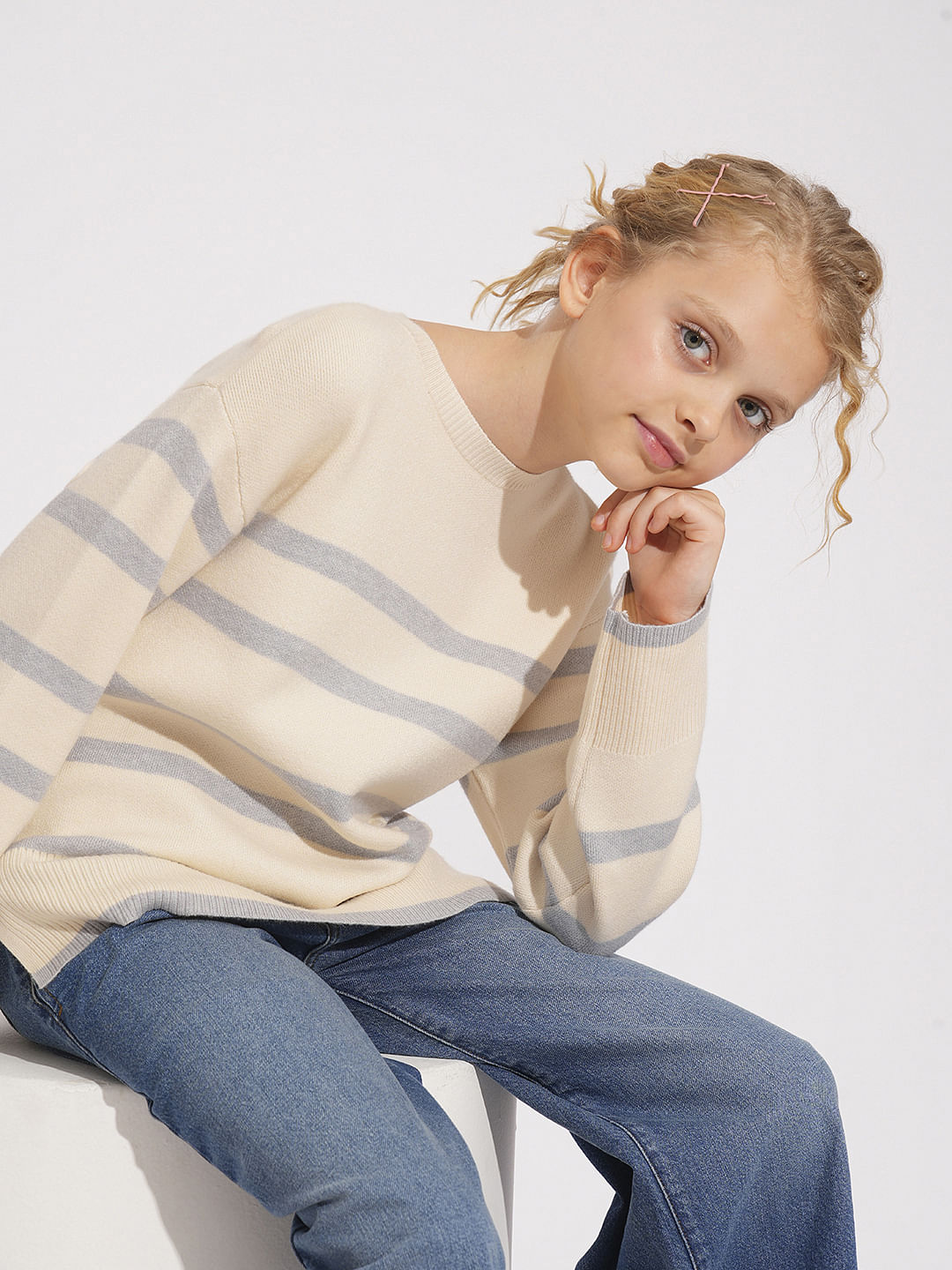 Girls Beige Striped Pullover