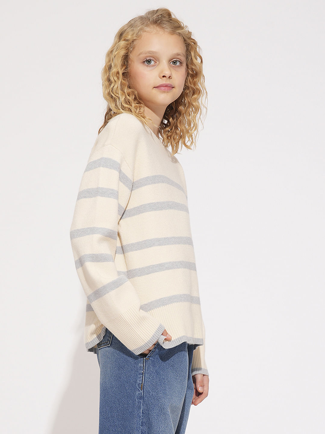 Girls Beige Striped Pullover