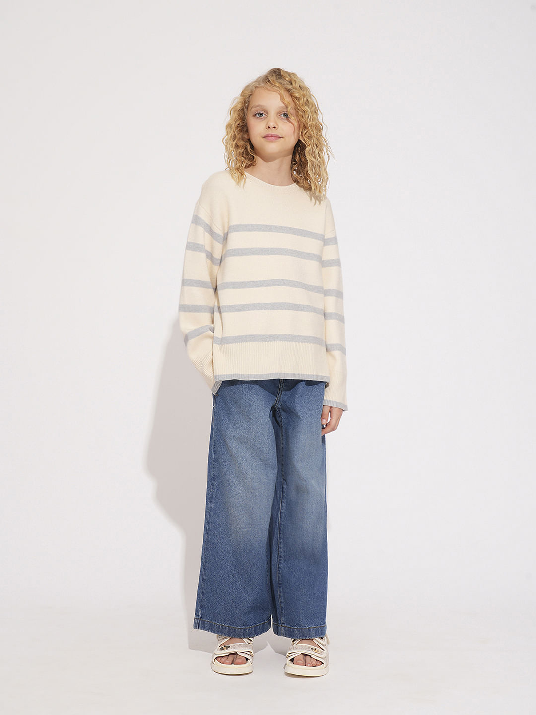 Girls Beige Striped Pullover