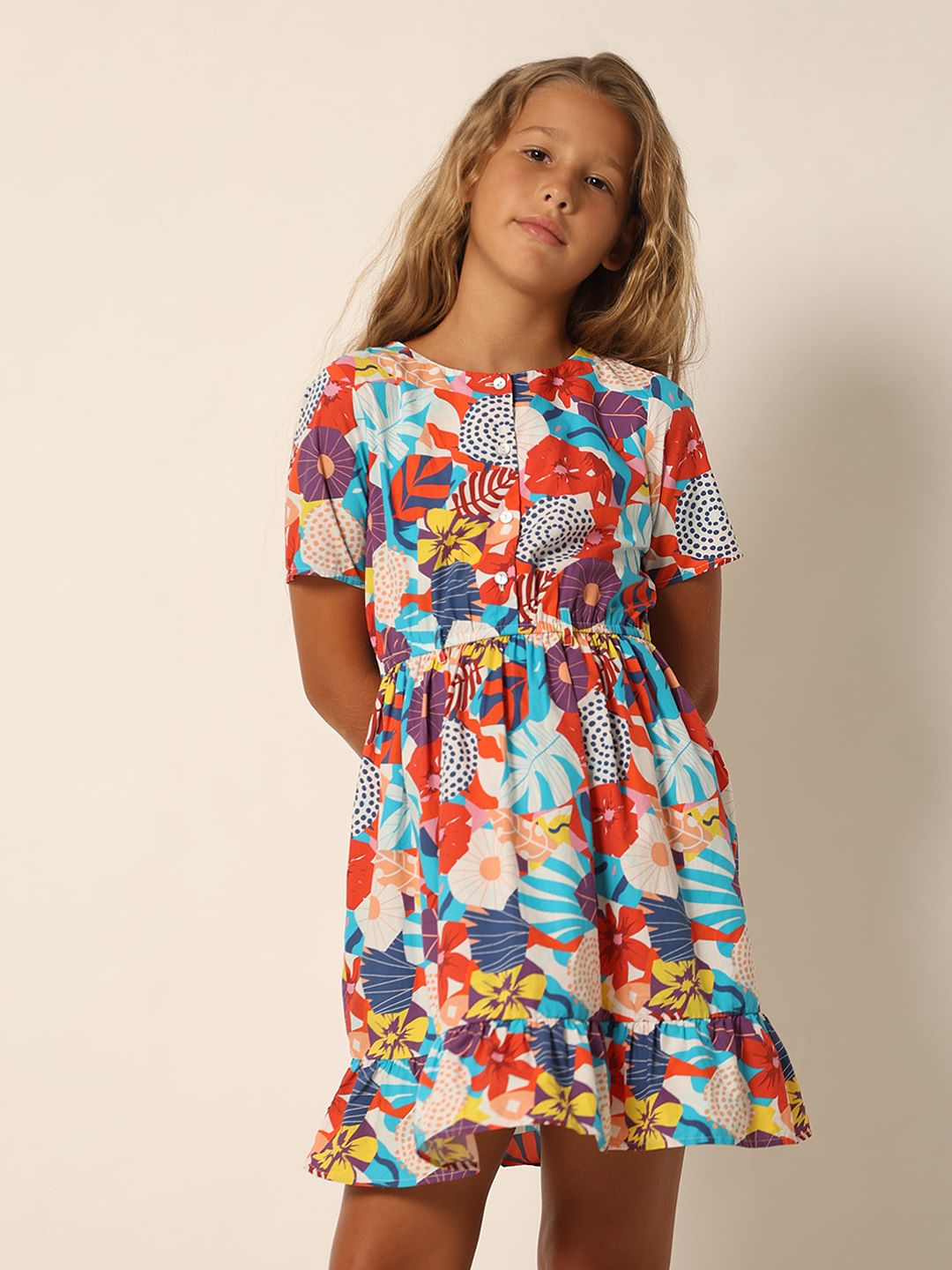 Girls Red Floral Fit & Flare Dress