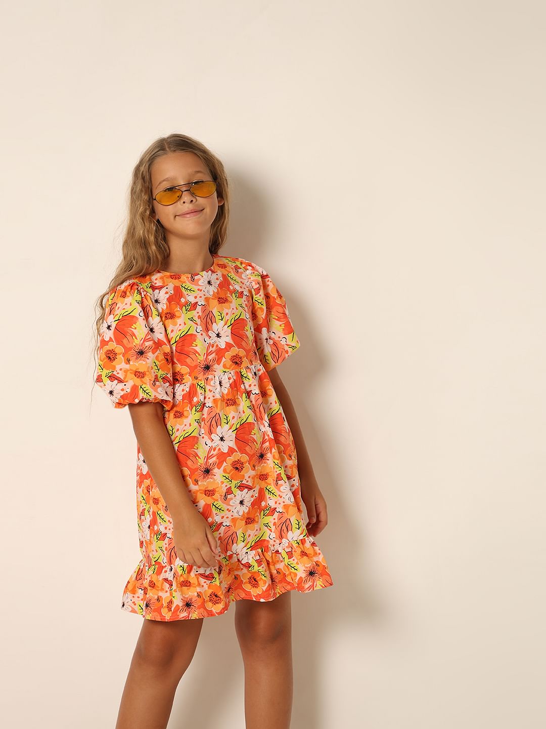 Girls Orange Floral Fit & Flare Dress