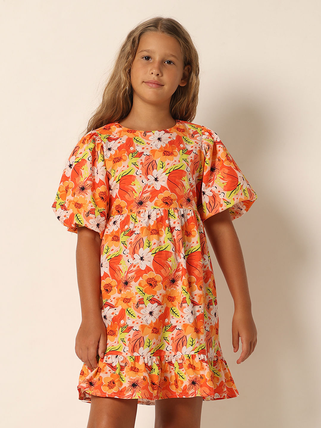 Girls Orange Floral Fit & Flare Dress