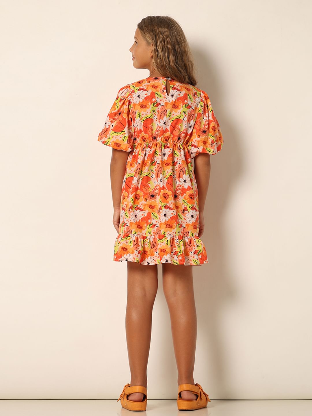Girls Orange Floral Fit & Flare Dress