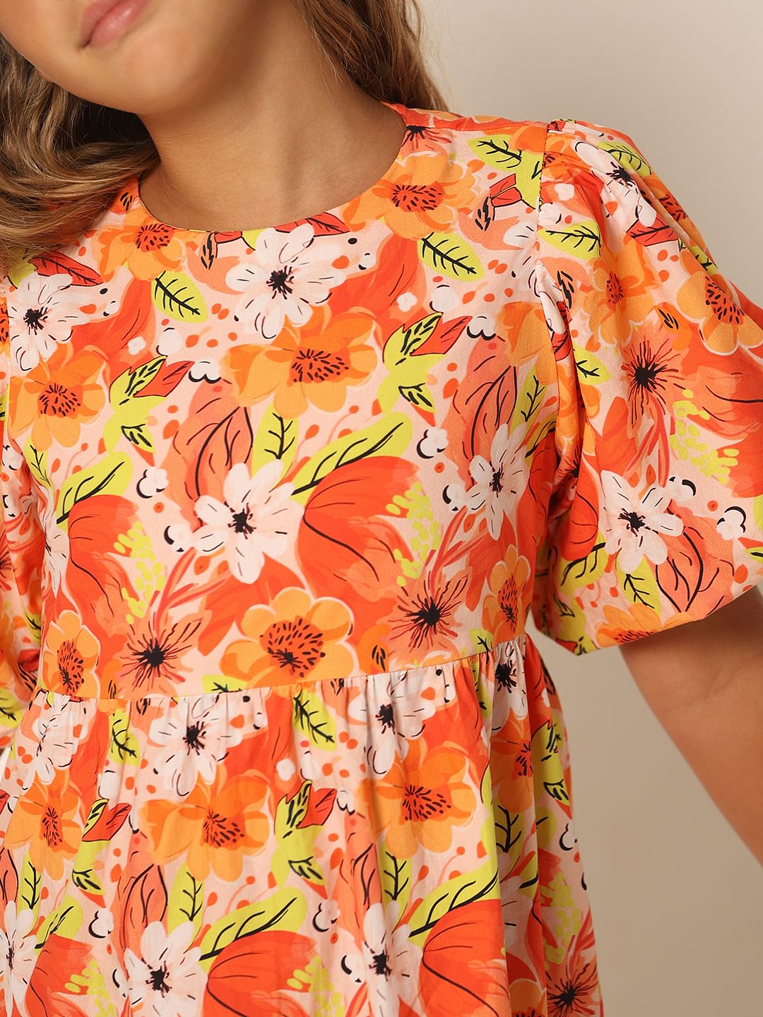 Girls Orange Floral Fit & Flare Dress
