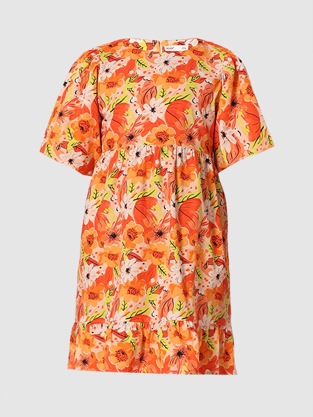 Girls Orange Floral Fit & Flare Dress