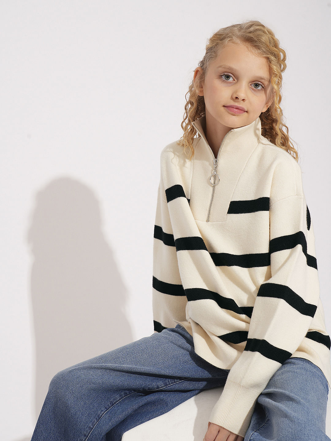 Girls Light Beige Striped High Neck Pullover