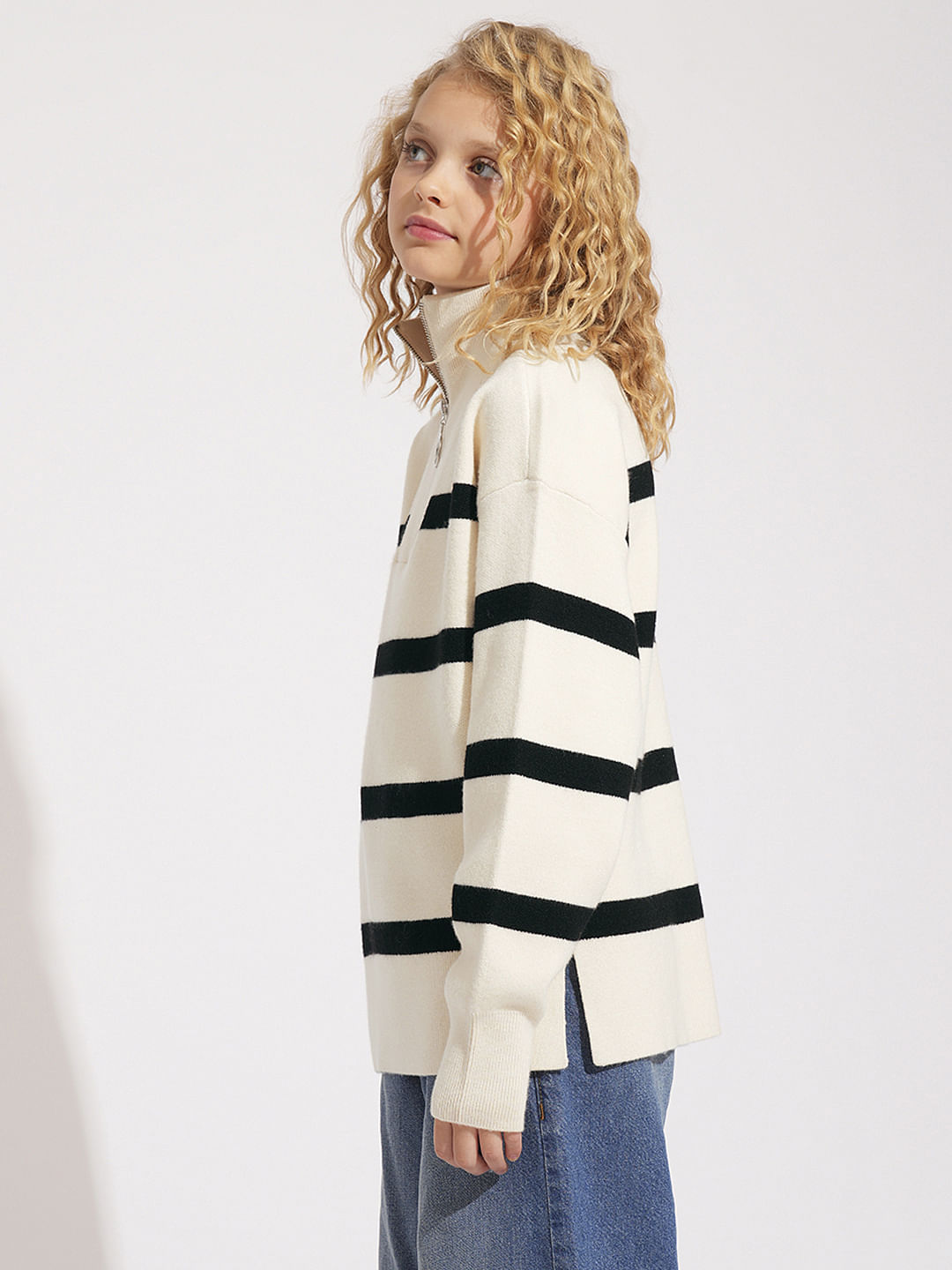 Girls Light Beige Striped High Neck Pullover