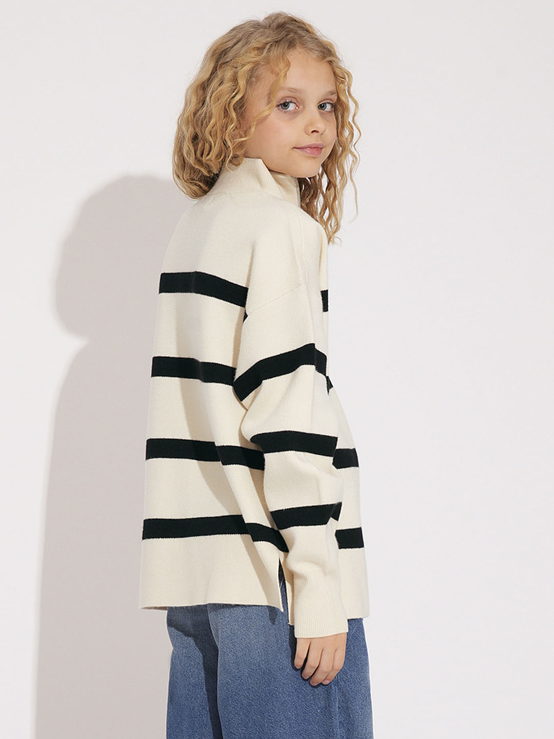 Girls Light Beige Striped High Neck Pullover