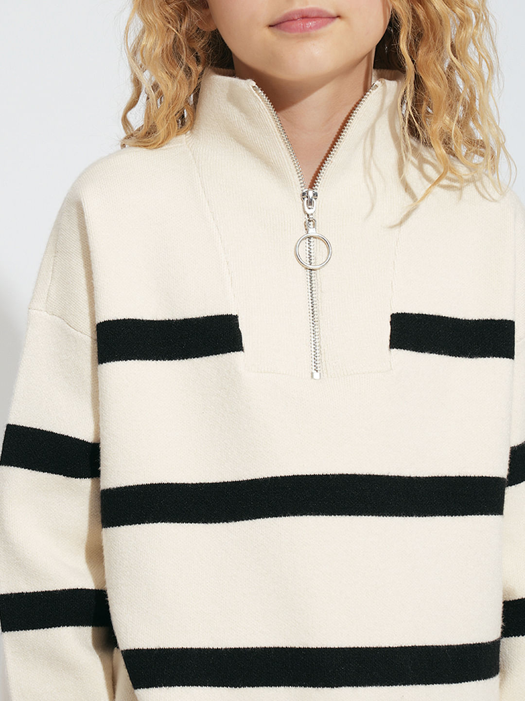 Girls Light Beige Striped High Neck Pullover