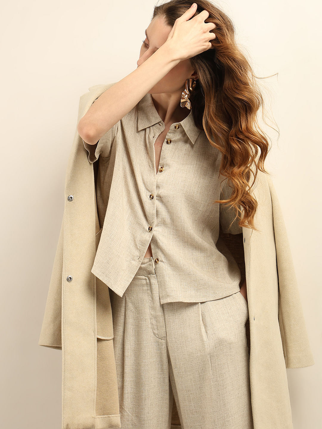 Vero Moa Beige Linen Co-Ord Set Shirt