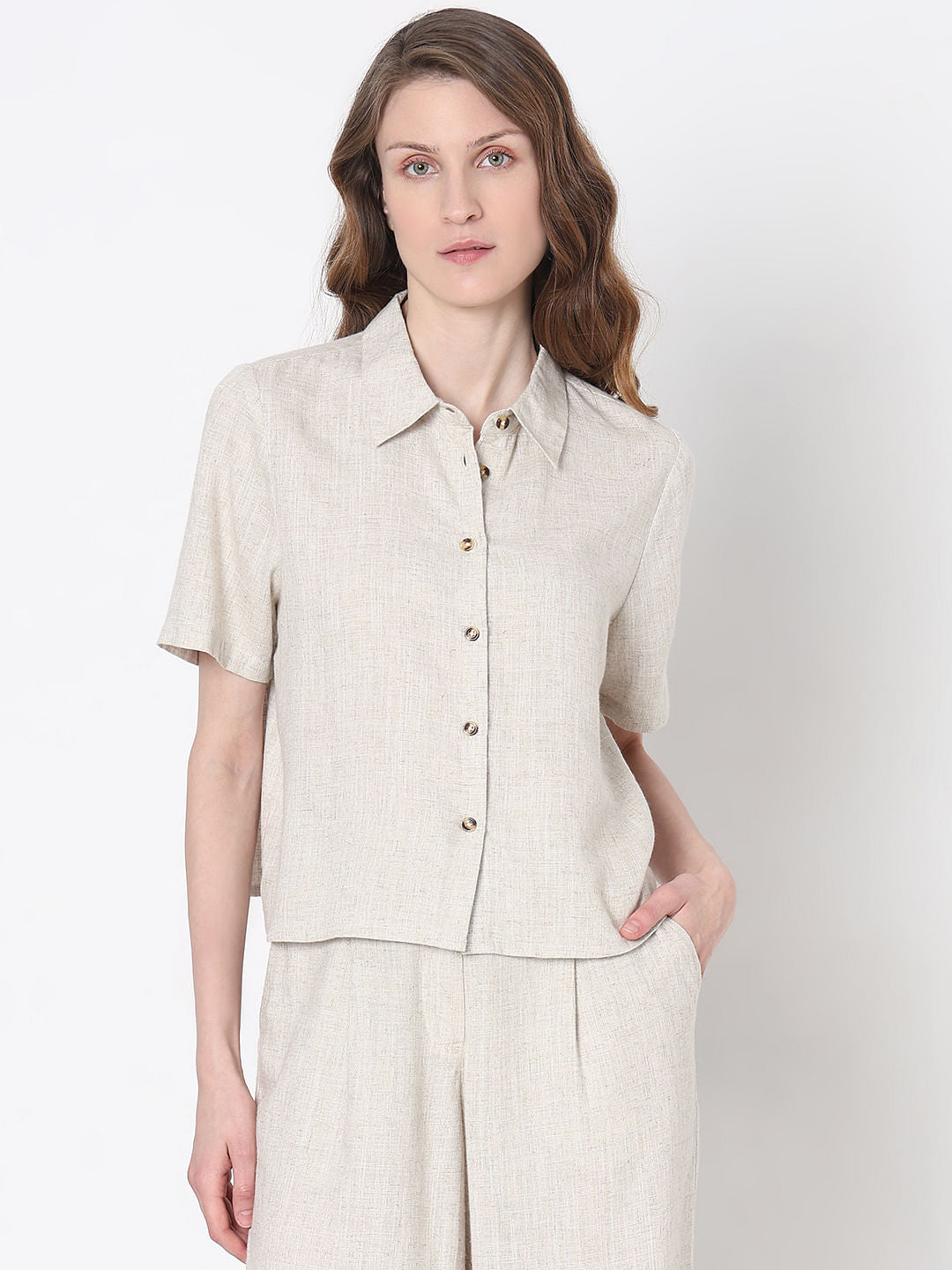 Vero Moa Beige Linen Co-Ord Set Shirt