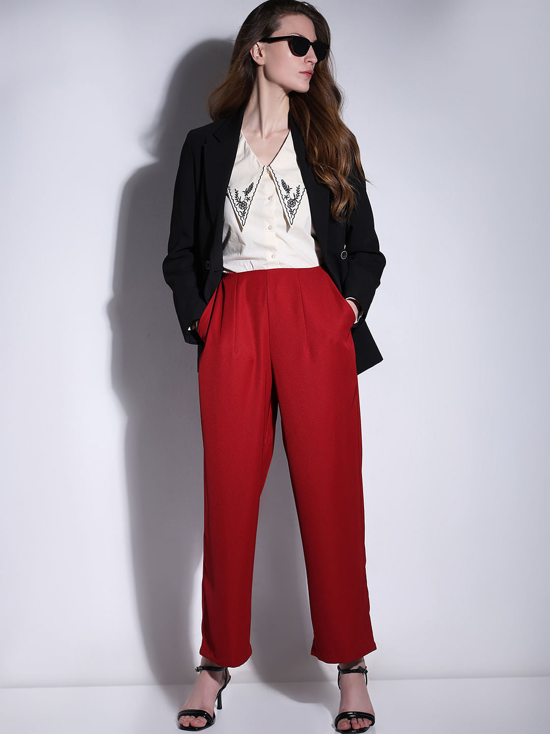Red High Rise Straight Fit Pants