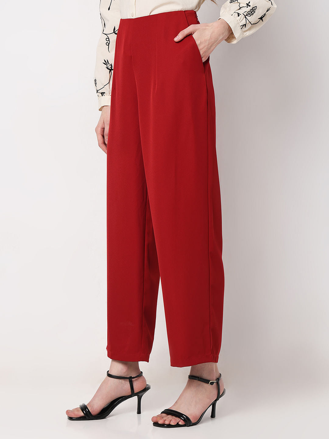 Red High Rise Straight Fit Pants