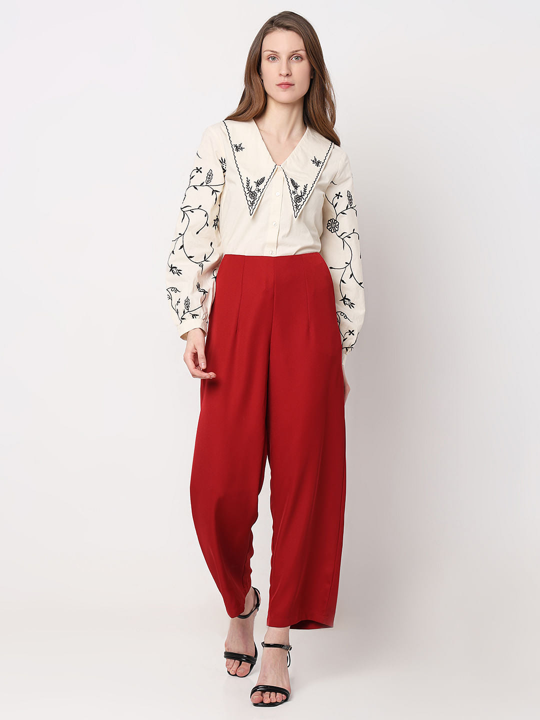 Red High Rise Straight Fit Pants