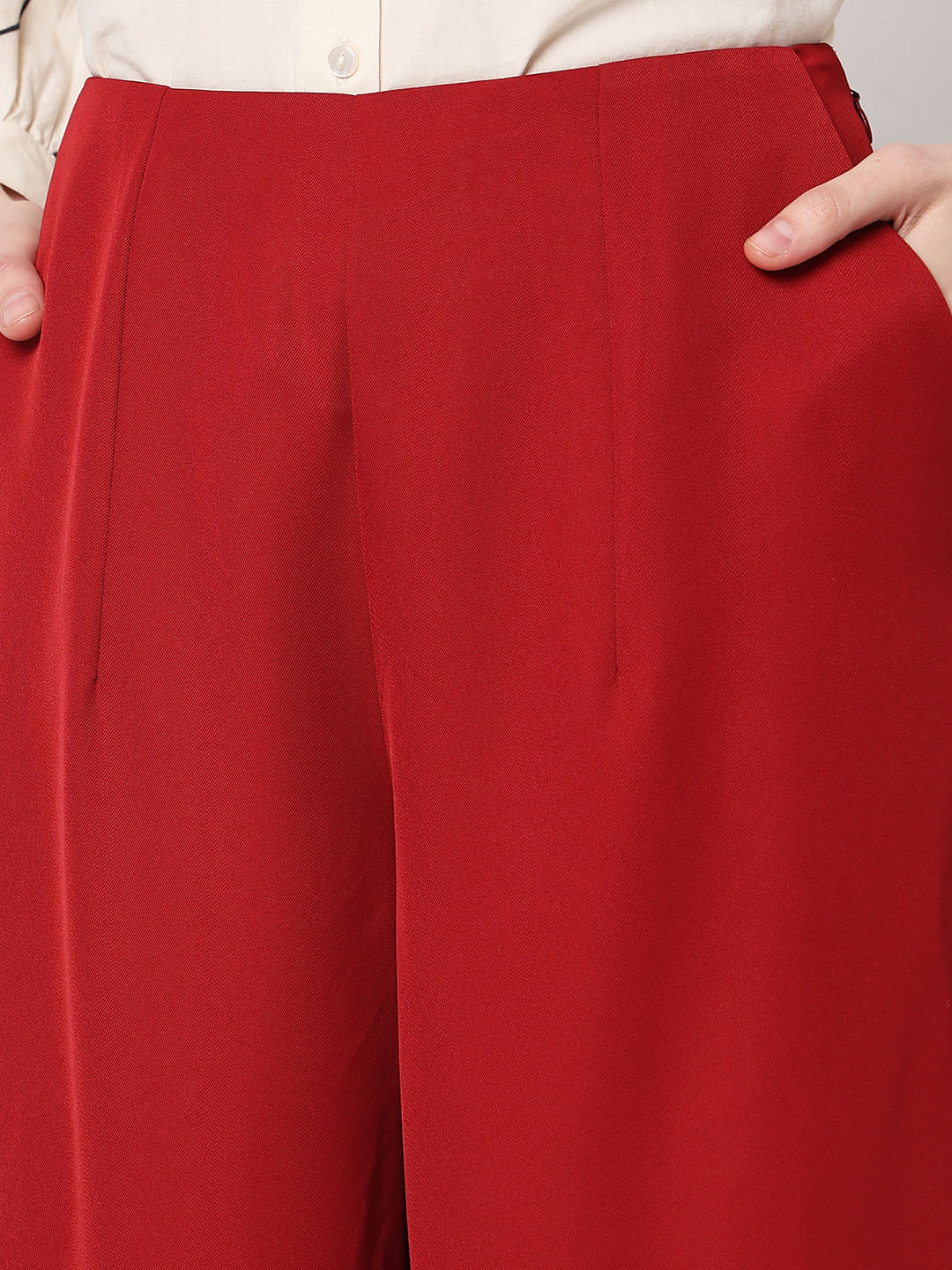 Red High Rise Straight Fit Pants