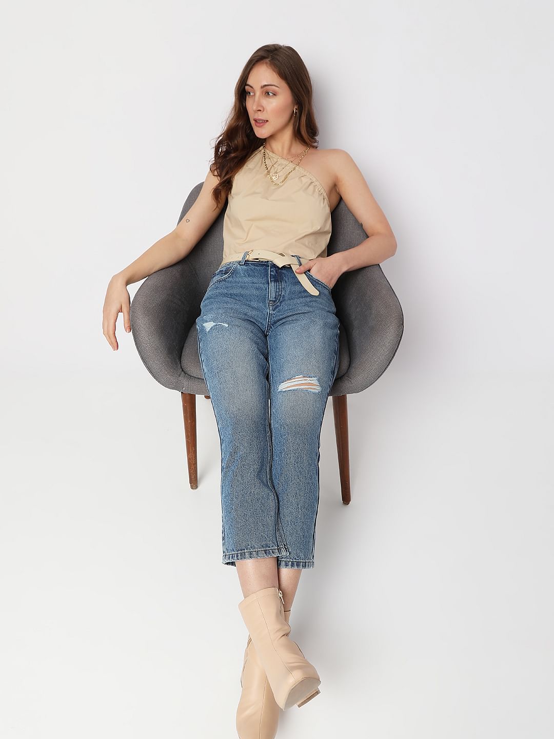 Blue High Rise Distressed Straight Fit Jeans