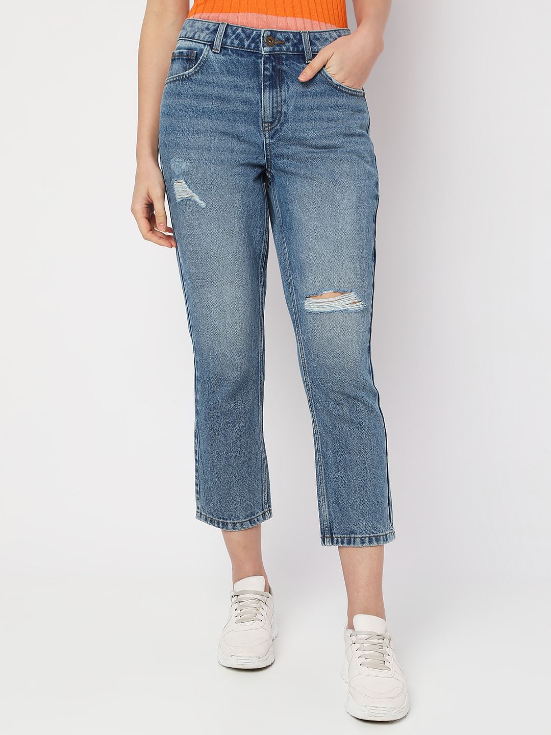 Blue High Rise Distressed Straight Fit Jeans
