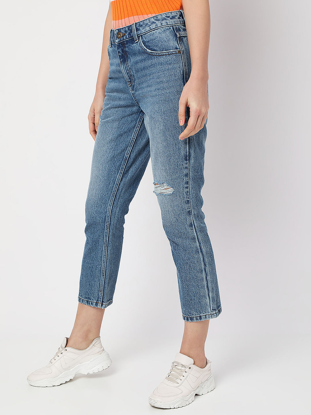 Blue High Rise Distressed Straight Fit Jeans